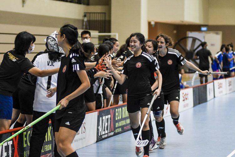 Ning Isabella Pung (VJC #19) celebrates with her teammates after scoring the equalising goal. (Photo 1 © Iman Hashim/Red Sports)