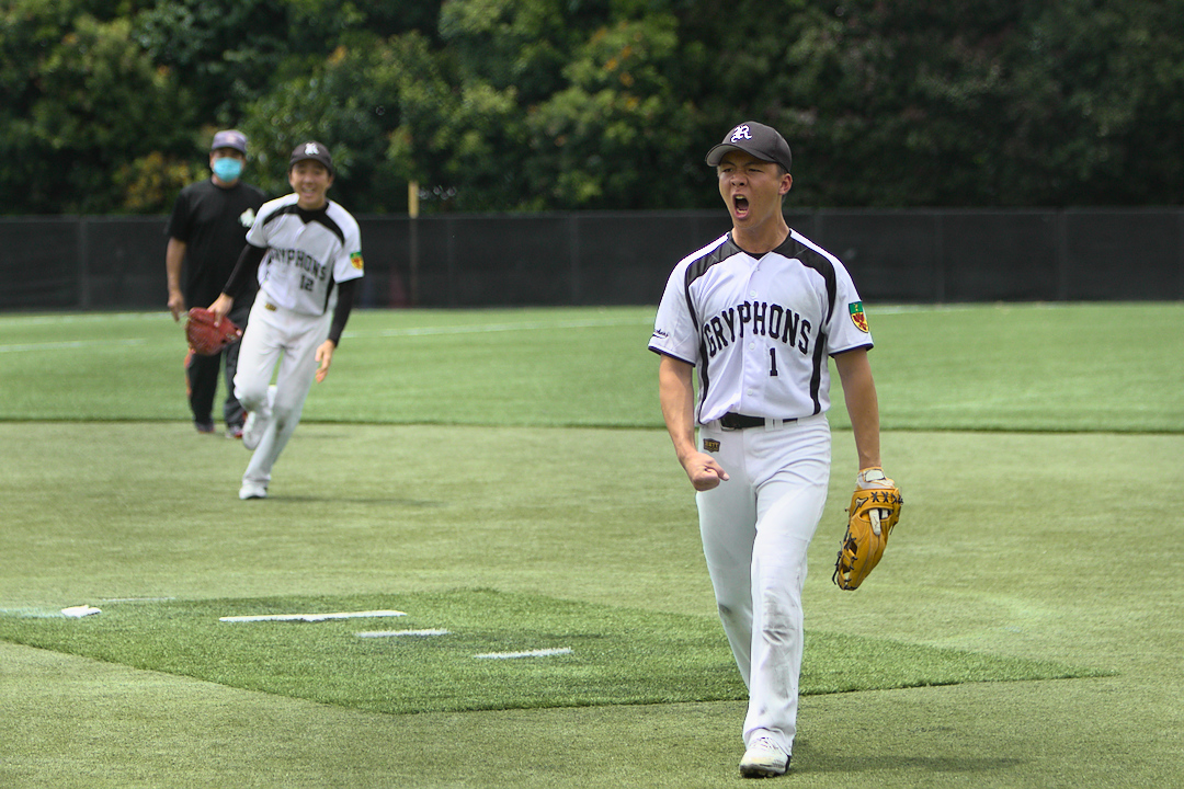 Shawn celebrates after his final strikeout won the game for his school.