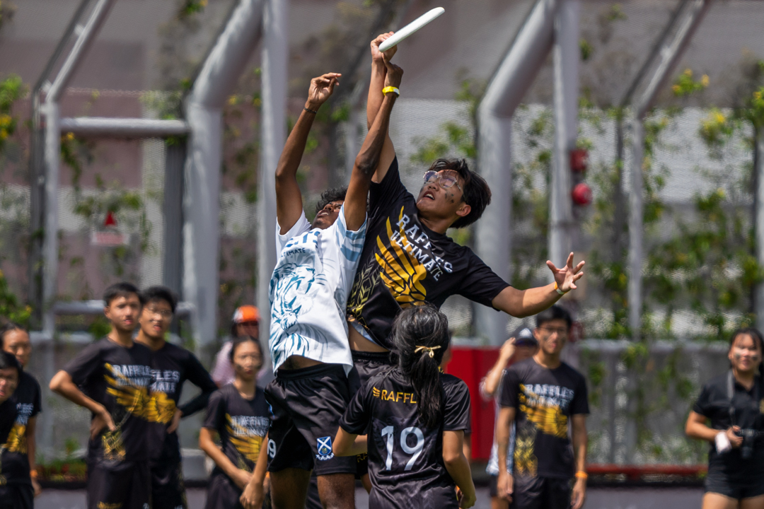 Caden Yew (RI #85) wins the mid-air contest for the disc. (Photo X © Bryan Foo/Red Sports)