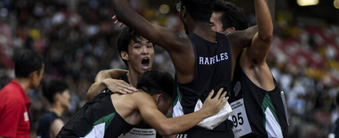 RI celebrate after their win in the A Div boys' 4x400m relay final. (Photo 1 © Iman Hashim/Red Sports)