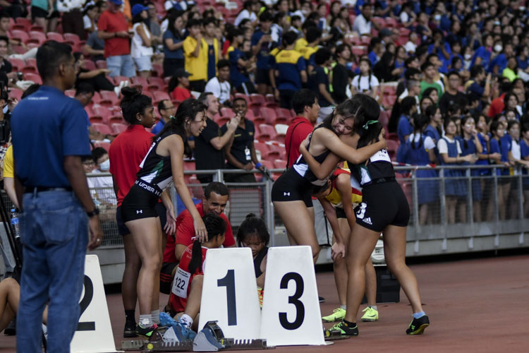 RI celebrate after the A Div girls' 4x400m relay final. (Photo 1 © Iman Hashim/Red Sports)